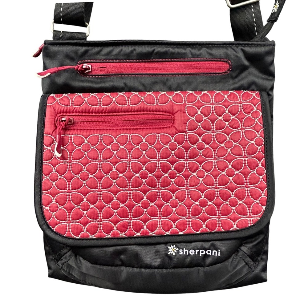 Sherpani Black Red Quilted Floral Crossbody Bag Nylon Messenger Travel Vacation